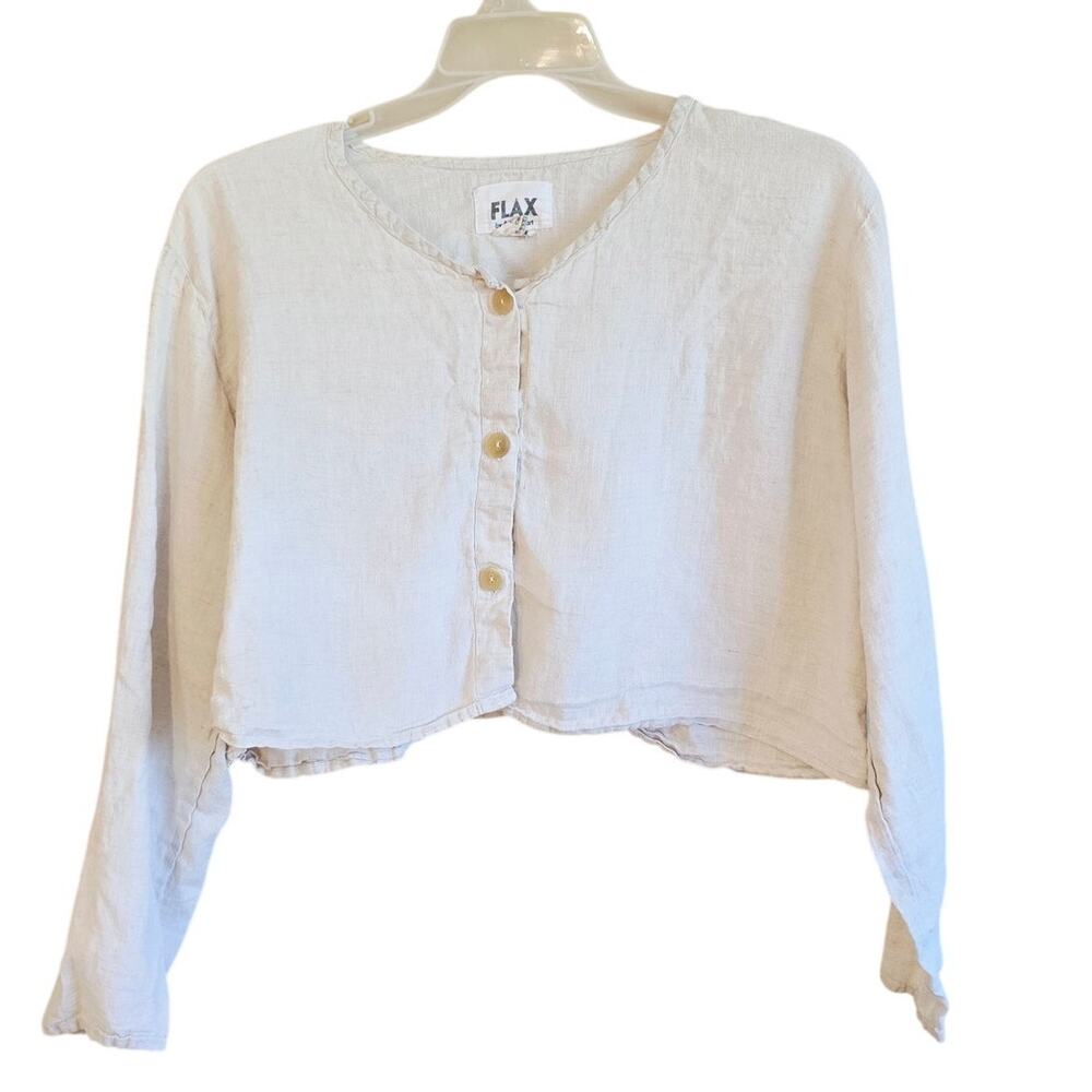 Flax cream long sleeve button front cropped top size medium boho